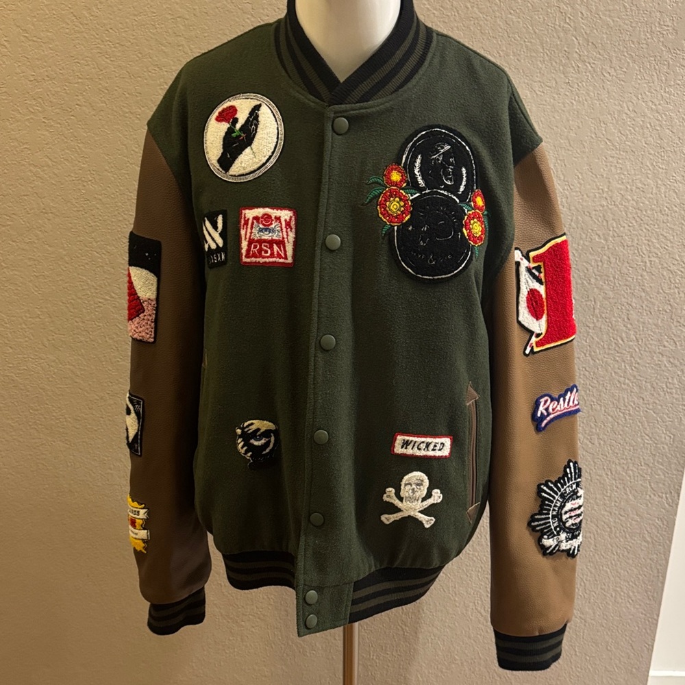 Reason Green And Brown Patchwork Varsity Jacket M… - image 1